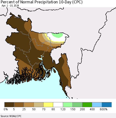Bangladesh Percent of Normal Precipitation 10-Day (CPC) Thematic Map For 4/1/2024 - 4/10/2024