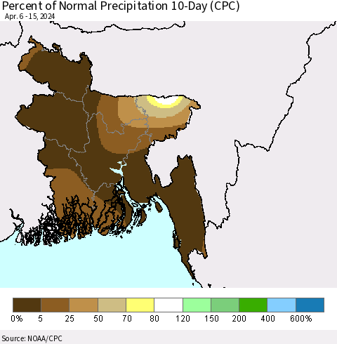 Bangladesh Percent of Normal Precipitation 10-Day (CPC) Thematic Map For 4/6/2024 - 4/15/2024