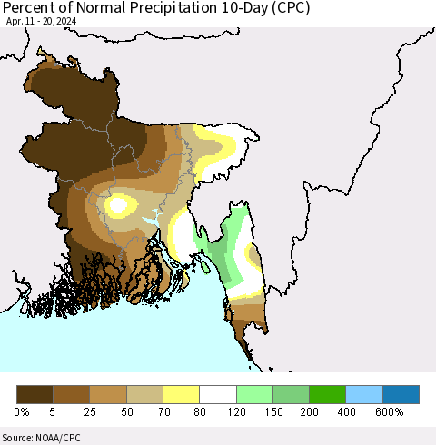 Bangladesh Percent of Normal Precipitation 10-Day (CPC) Thematic Map For 4/11/2024 - 4/20/2024