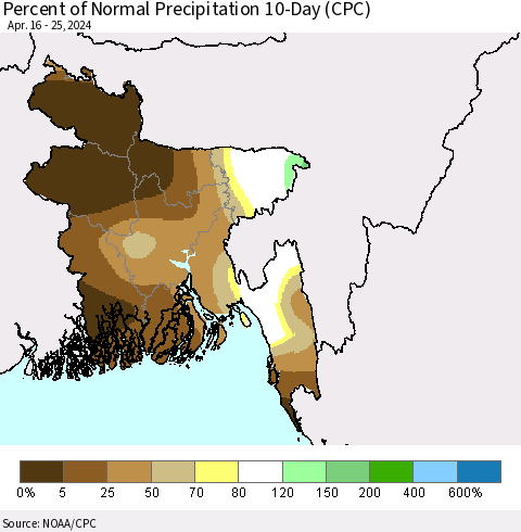Bangladesh Percent of Normal Precipitation 10-Day (CPC) Thematic Map For 4/16/2024 - 4/25/2024