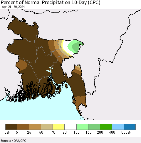 Bangladesh Percent of Normal Precipitation 10-Day (CPC) Thematic Map For 4/21/2024 - 4/30/2024