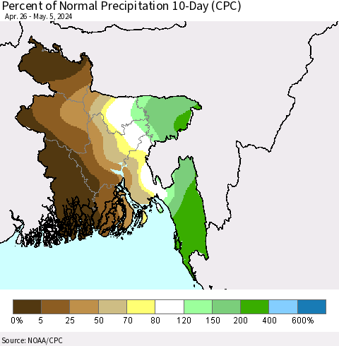 Bangladesh Percent of Normal Precipitation 10-Day (CPC) Thematic Map For 4/26/2024 - 5/5/2024