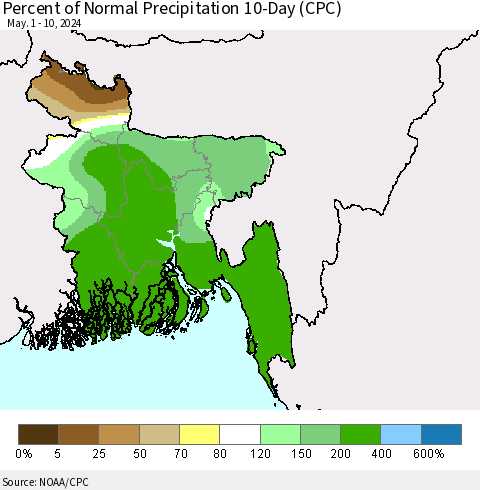 Bangladesh Percent of Normal Precipitation 10-Day (CPC) Thematic Map For 5/1/2024 - 5/10/2024