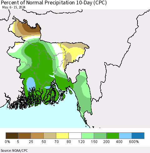 Bangladesh Percent of Normal Precipitation 10-Day (CPC) Thematic Map For 5/6/2024 - 5/15/2024