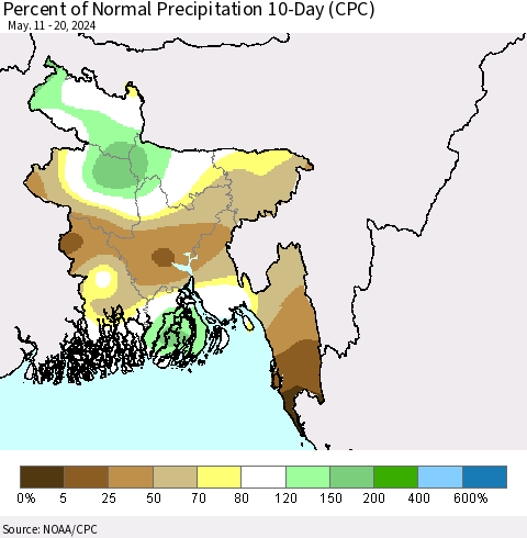 Bangladesh Percent of Normal Precipitation 10-Day (CPC) Thematic Map For 5/11/2024 - 5/20/2024