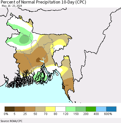 Bangladesh Percent of Normal Precipitation 10-Day (CPC) Thematic Map For 5/16/2024 - 5/25/2024