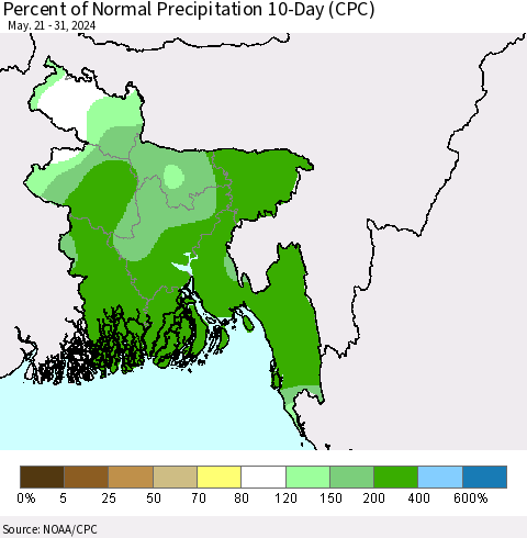 Bangladesh Percent of Normal Precipitation 10-Day (CPC) Thematic Map For 5/21/2024 - 5/31/2024