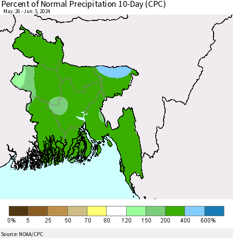 Bangladesh Percent of Normal Precipitation 10-Day (CPC) Thematic Map For 5/26/2024 - 6/5/2024