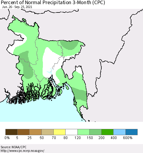 Bangladesh Percent of Normal Precipitation 3-Month (CPC) Thematic Map For 6/26/2021 - 9/25/2021