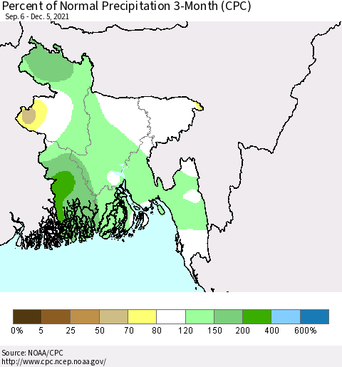 Bangladesh Percent of Normal Precipitation 3-Month (CPC) Thematic Map For 9/6/2021 - 12/5/2021