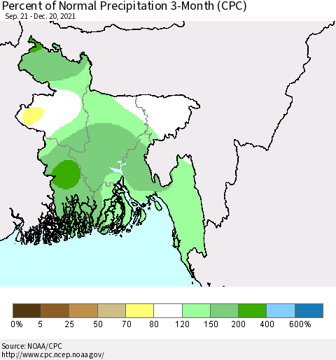 Bangladesh Percent of Normal Precipitation 3-Month (CPC) Thematic Map For 9/21/2021 - 12/20/2021