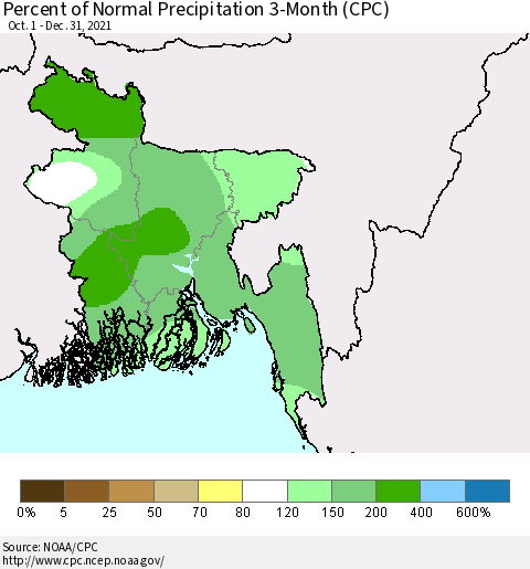 Bangladesh Percent of Normal Precipitation 3-Month (CPC) Thematic Map For 10/1/2021 - 12/31/2021