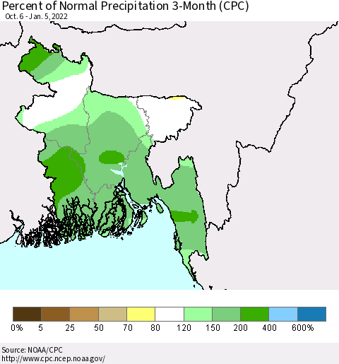 Bangladesh Percent of Normal Precipitation 3-Month (CPC) Thematic Map For 10/6/2021 - 1/5/2022