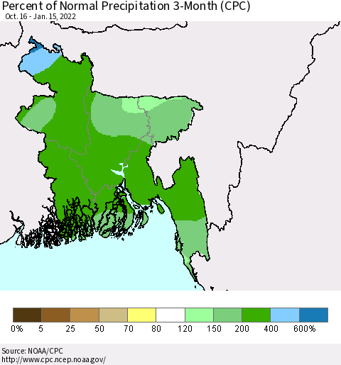 Bangladesh Percent of Normal Precipitation 3-Month (CPC) Thematic Map For 10/16/2021 - 1/15/2022