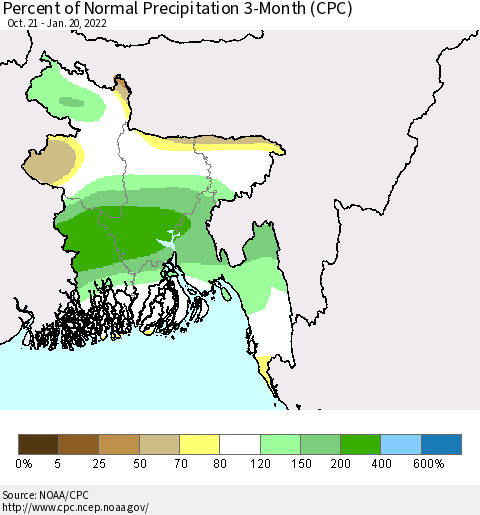 Bangladesh Percent of Normal Precipitation 3-Month (CPC) Thematic Map For 10/21/2021 - 1/20/2022