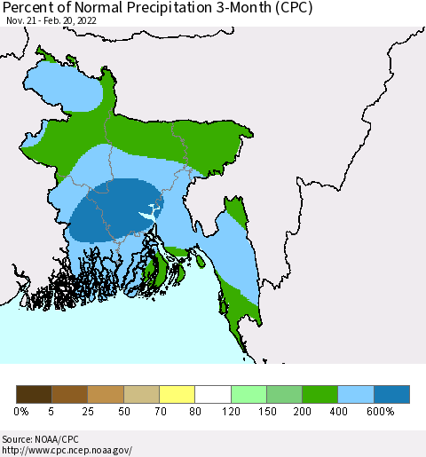 Bangladesh Percent of Normal Precipitation 3-Month (CPC) Thematic Map For 11/21/2021 - 2/20/2022