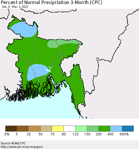 Bangladesh Percent of Normal Precipitation 3-Month (CPC) Thematic Map For 12/6/2021 - 3/5/2022