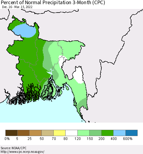 Bangladesh Percent of Normal Precipitation 3-Month (CPC) Thematic Map For 12/16/2021 - 3/15/2022