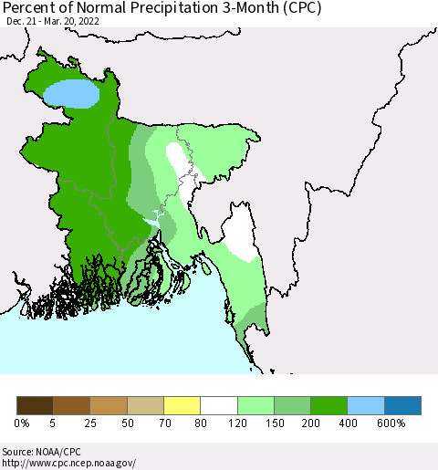 Bangladesh Percent of Normal Precipitation 3-Month (CPC) Thematic Map For 12/21/2021 - 3/20/2022
