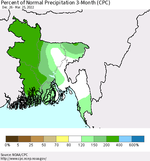 Bangladesh Percent of Normal Precipitation 3-Month (CPC) Thematic Map For 12/26/2021 - 3/25/2022