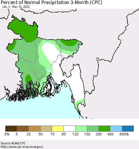 Bangladesh Percent of Normal Precipitation 3-Month (CPC) Thematic Map For 1/1/2022 - 3/31/2022