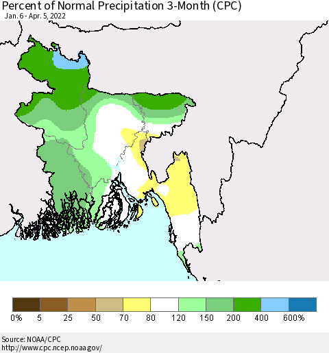 Bangladesh Percent of Normal Precipitation 3-Month (CPC) Thematic Map For 1/6/2022 - 4/5/2022