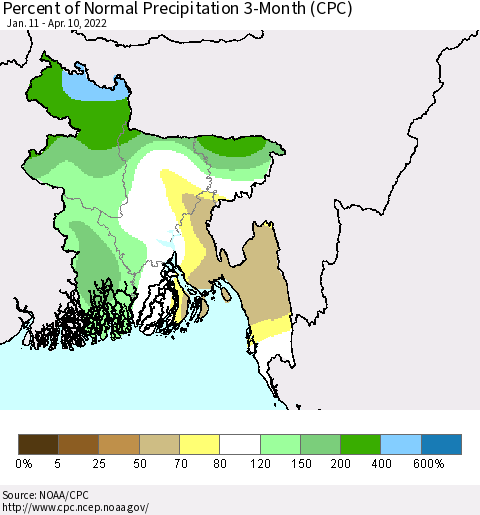 Bangladesh Percent of Normal Precipitation 3-Month (CPC) Thematic Map For 1/11/2022 - 4/10/2022