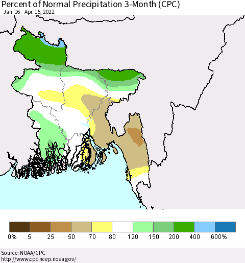 Bangladesh Percent of Normal Precipitation 3-Month (CPC) Thematic Map For 1/16/2022 - 4/15/2022