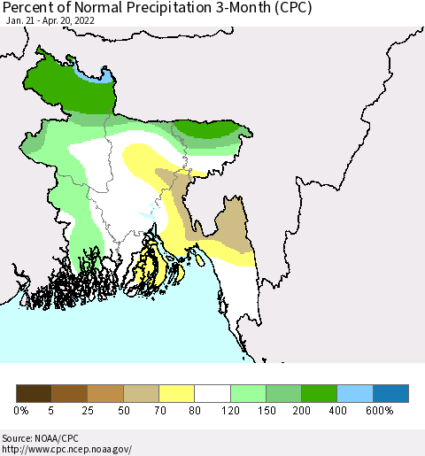 Bangladesh Percent of Normal Precipitation 3-Month (CPC) Thematic Map For 1/21/2022 - 4/20/2022