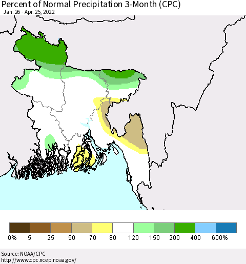 Bangladesh Percent of Normal Precipitation 3-Month (CPC) Thematic Map For 1/26/2022 - 4/25/2022