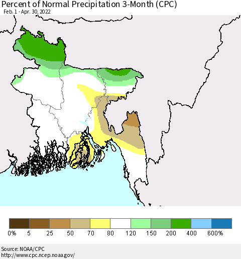 Bangladesh Percent of Normal Precipitation 3-Month (CPC) Thematic Map For 2/1/2022 - 4/30/2022