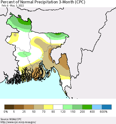 Bangladesh Percent of Normal Precipitation 3-Month (CPC) Thematic Map For 2/6/2022 - 5/5/2022