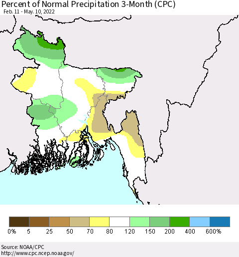 Bangladesh Percent of Normal Precipitation 3-Month (CPC) Thematic Map For 2/11/2022 - 5/10/2022
