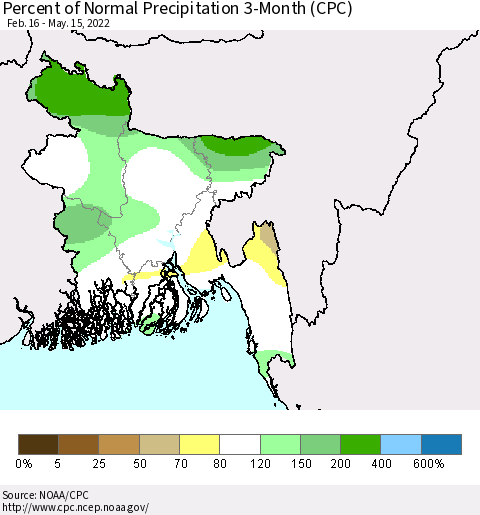 Bangladesh Percent of Normal Precipitation 3-Month (CPC) Thematic Map For 2/16/2022 - 5/15/2022