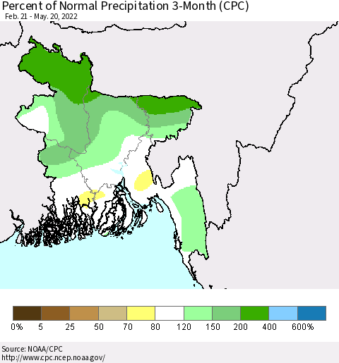 Bangladesh Percent of Normal Precipitation 3-Month (CPC) Thematic Map For 2/21/2022 - 5/20/2022