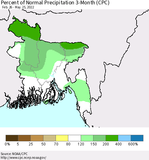 Bangladesh Percent of Normal Precipitation 3-Month (CPC) Thematic Map For 2/26/2022 - 5/25/2022