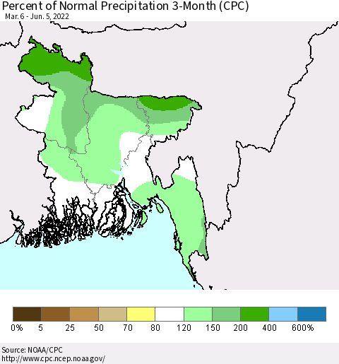 Bangladesh Percent of Normal Precipitation 3-Month (CPC) Thematic Map For 3/6/2022 - 6/5/2022