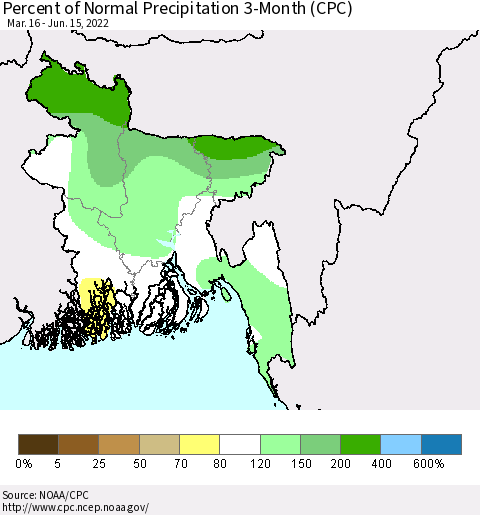 Bangladesh Percent of Normal Precipitation 3-Month (CPC) Thematic Map For 3/16/2022 - 6/15/2022