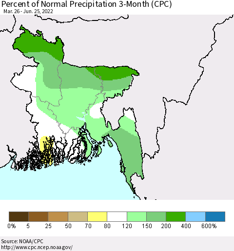 Bangladesh Percent of Normal Precipitation 3-Month (CPC) Thematic Map For 3/26/2022 - 6/25/2022