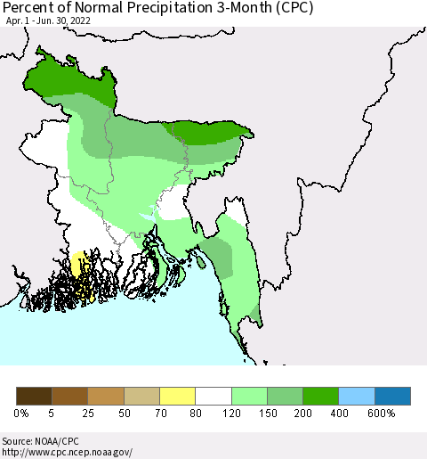 Bangladesh Percent of Normal Precipitation 3-Month (CPC) Thematic Map For 4/1/2022 - 6/30/2022