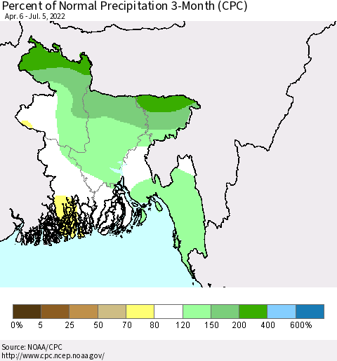 Bangladesh Percent of Normal Precipitation 3-Month (CPC) Thematic Map For 4/6/2022 - 7/5/2022
