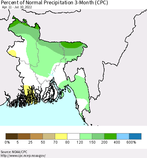 Bangladesh Percent of Normal Precipitation 3-Month (CPC) Thematic Map For 4/11/2022 - 7/10/2022