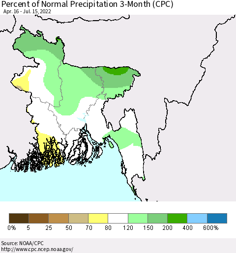 Bangladesh Percent of Normal Precipitation 3-Month (CPC) Thematic Map For 4/16/2022 - 7/15/2022
