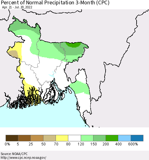 Bangladesh Percent of Normal Precipitation 3-Month (CPC) Thematic Map For 4/21/2022 - 7/20/2022