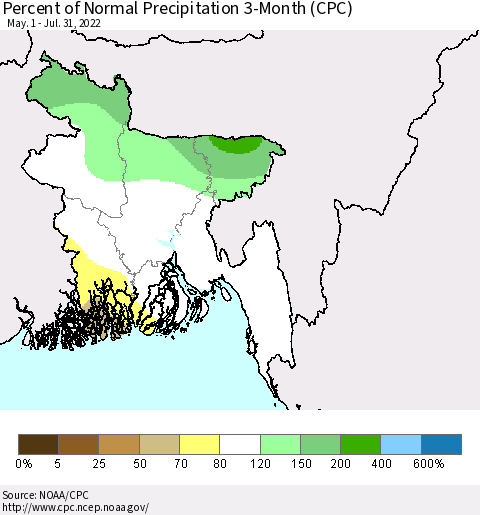 Bangladesh Percent of Normal Precipitation 3-Month (CPC) Thematic Map For 5/1/2022 - 7/31/2022