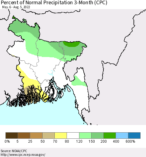 Bangladesh Percent of Normal Precipitation 3-Month (CPC) Thematic Map For 5/6/2022 - 8/5/2022