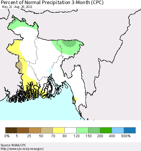 Bangladesh Percent of Normal Precipitation 3-Month (CPC) Thematic Map For 5/21/2022 - 8/20/2022