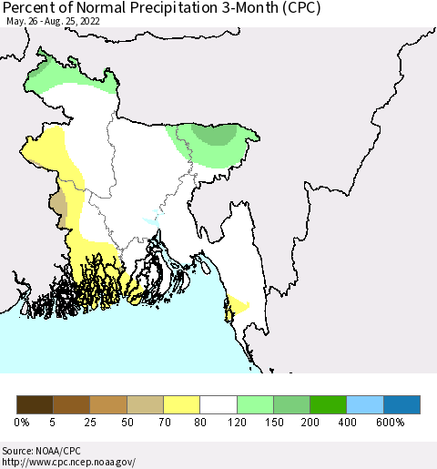 Bangladesh Percent of Normal Precipitation 3-Month (CPC) Thematic Map For 5/26/2022 - 8/25/2022