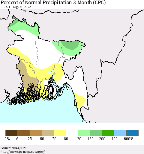 Bangladesh Percent of Normal Precipitation 3-Month (CPC) Thematic Map For 6/1/2022 - 8/31/2022