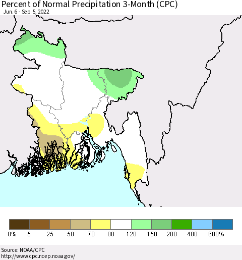Bangladesh Percent of Normal Precipitation 3-Month (CPC) Thematic Map For 6/6/2022 - 9/5/2022